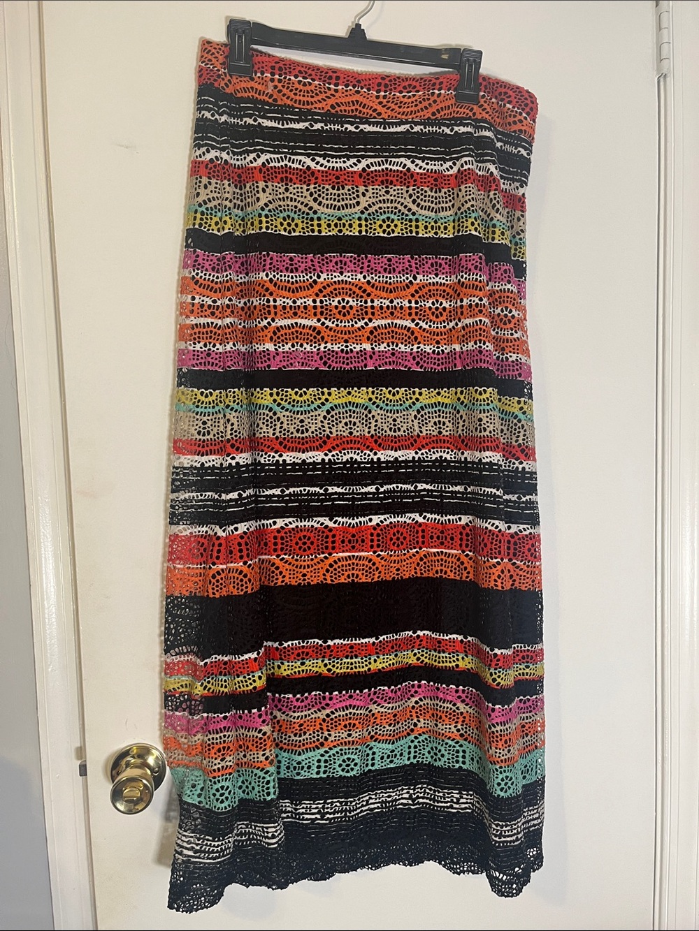 Soho bohemian Gypsy Apparel Multicolor Crochet Maxi Skirt with Black Stripes